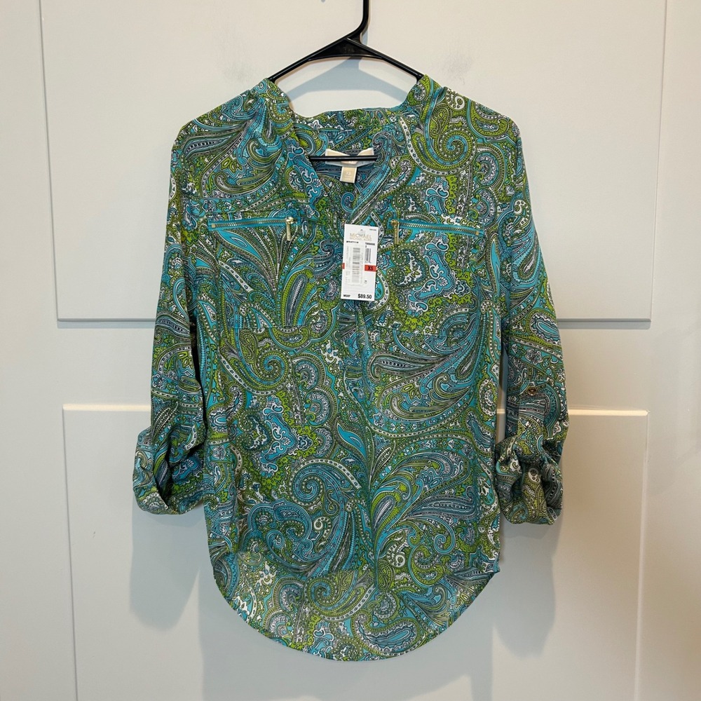 Michael Kors Turquoise Paisley Print‎ Roll Tab Sleeve Green Shirt XS MSRP $89